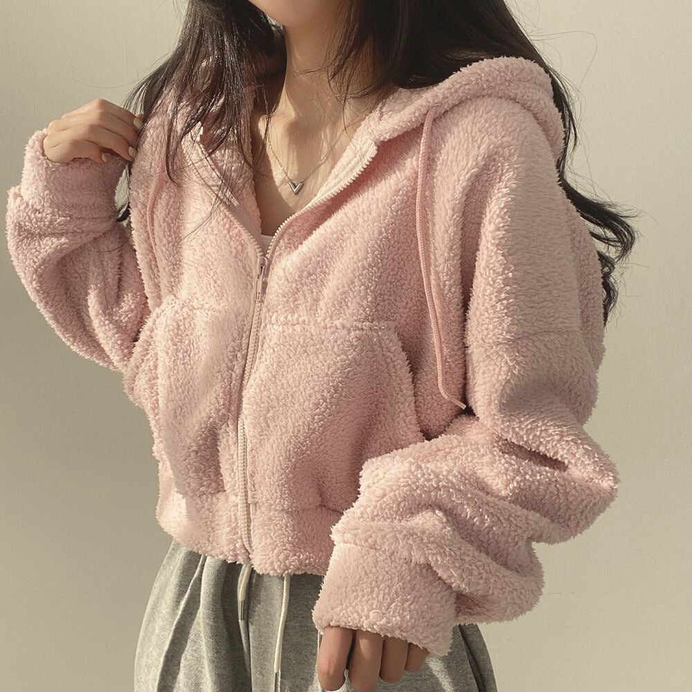 Women's Faux Lamb Fur Hooded Zip-Up Jacket