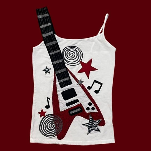 Y2K Guitar Rhinestone Camisole Top with Heart Star Print