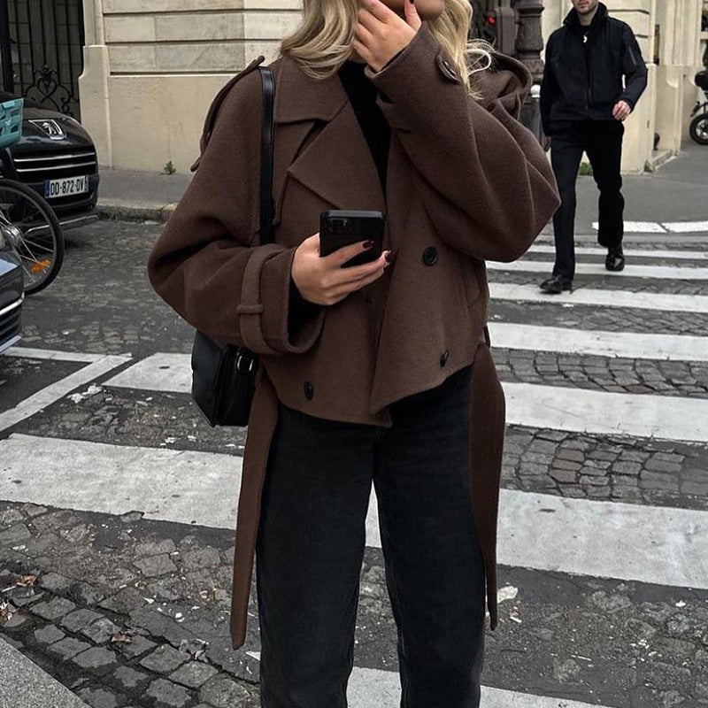 Women's dark brown cropped suit collar coat with lace-up detail, photo 1