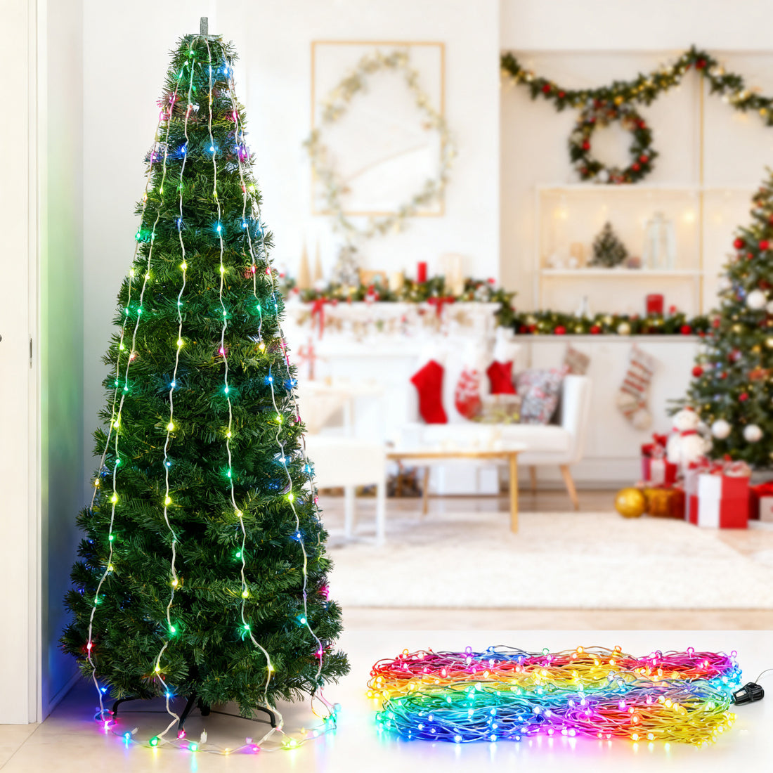 Christmas tree with multicolor LED strand lights and gifts