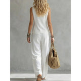 Women Solid Color Sleeveless Linen Vest and Pants Set
