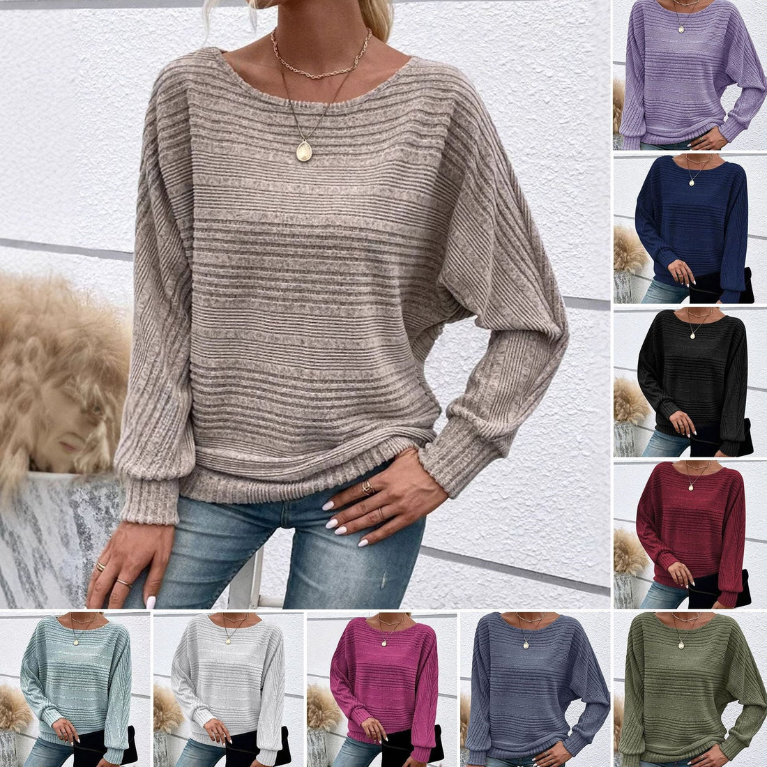 Solid-color long-sleeve knit sweater