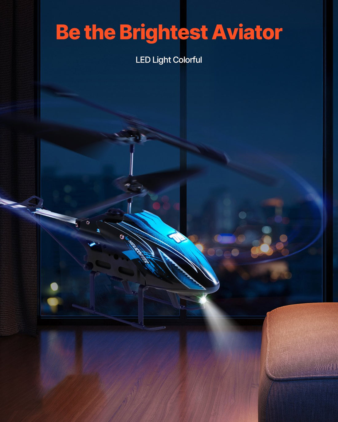 RC helicopter flying at night with colorful LED lights
