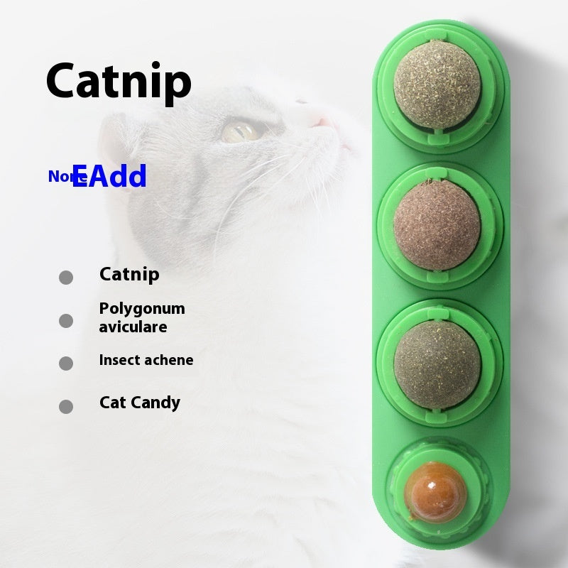 Green rotating catnip wall toy with four balls and ingredient list