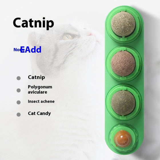 Green rotating catnip wall toy with four balls and ingredient list