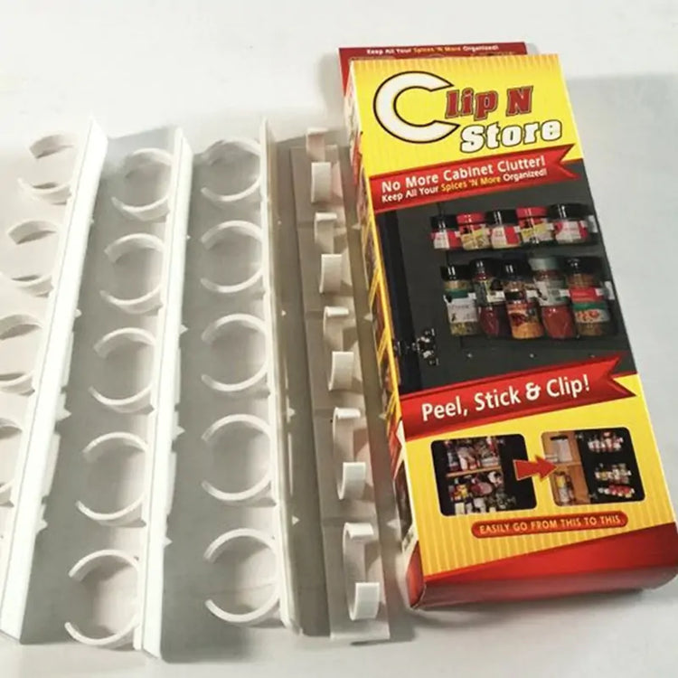 Several sealed bags with clips lined up in a pantry