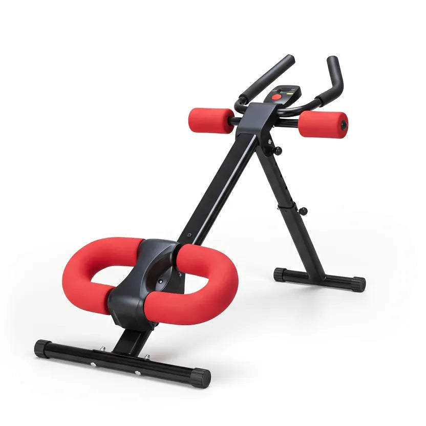 Foldable core workout machine in folded storage position