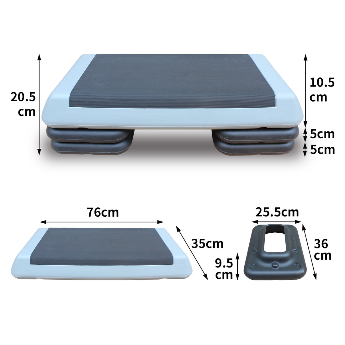 Adjustable aerobic stepper with non-slip top in black and gray
