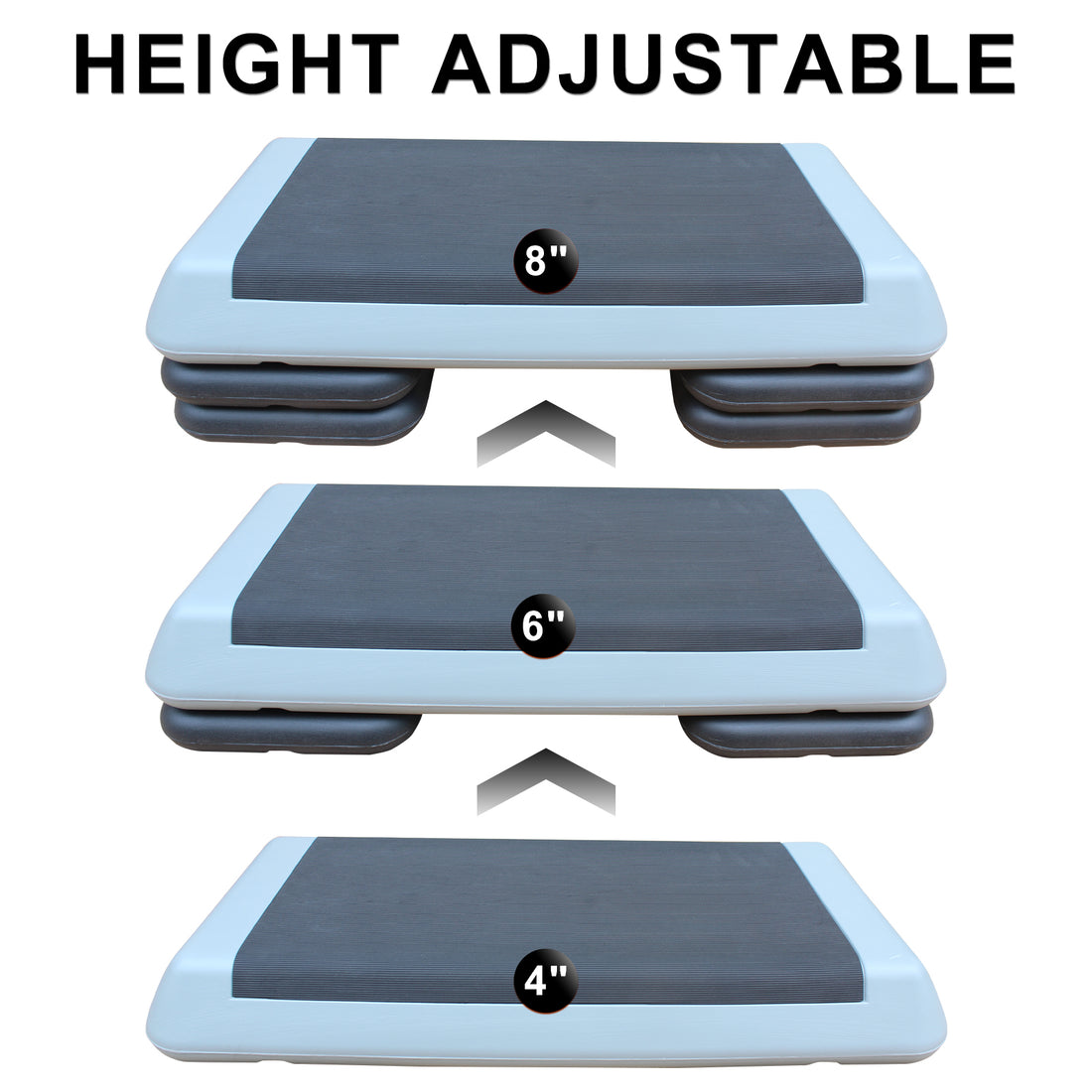 Aerobic step platform set to highest position with four risers