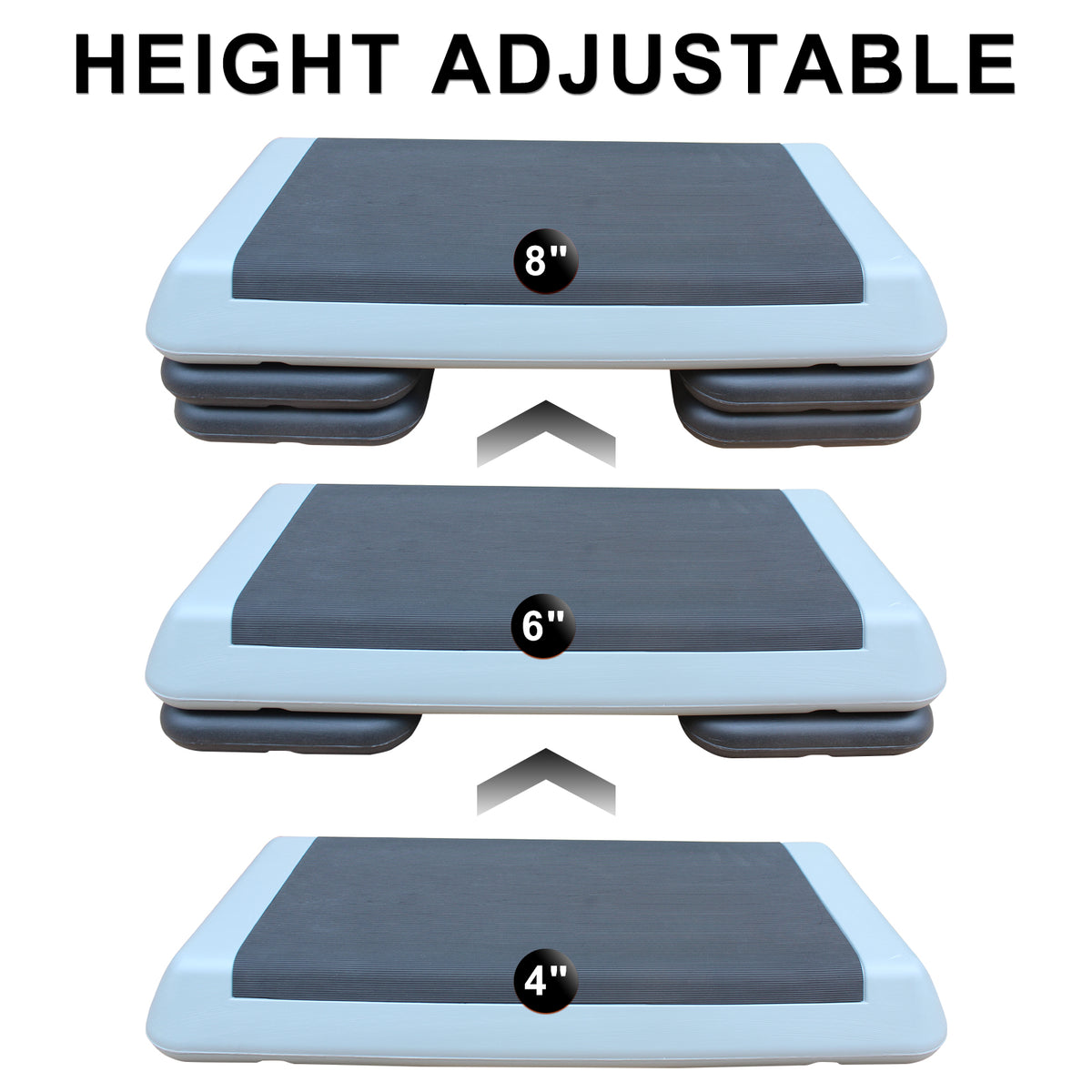 Aerobic step platform set to highest position with four risers