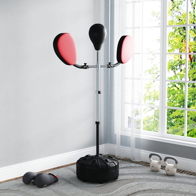 Adjustable boxing bag with stand and speed bag arms