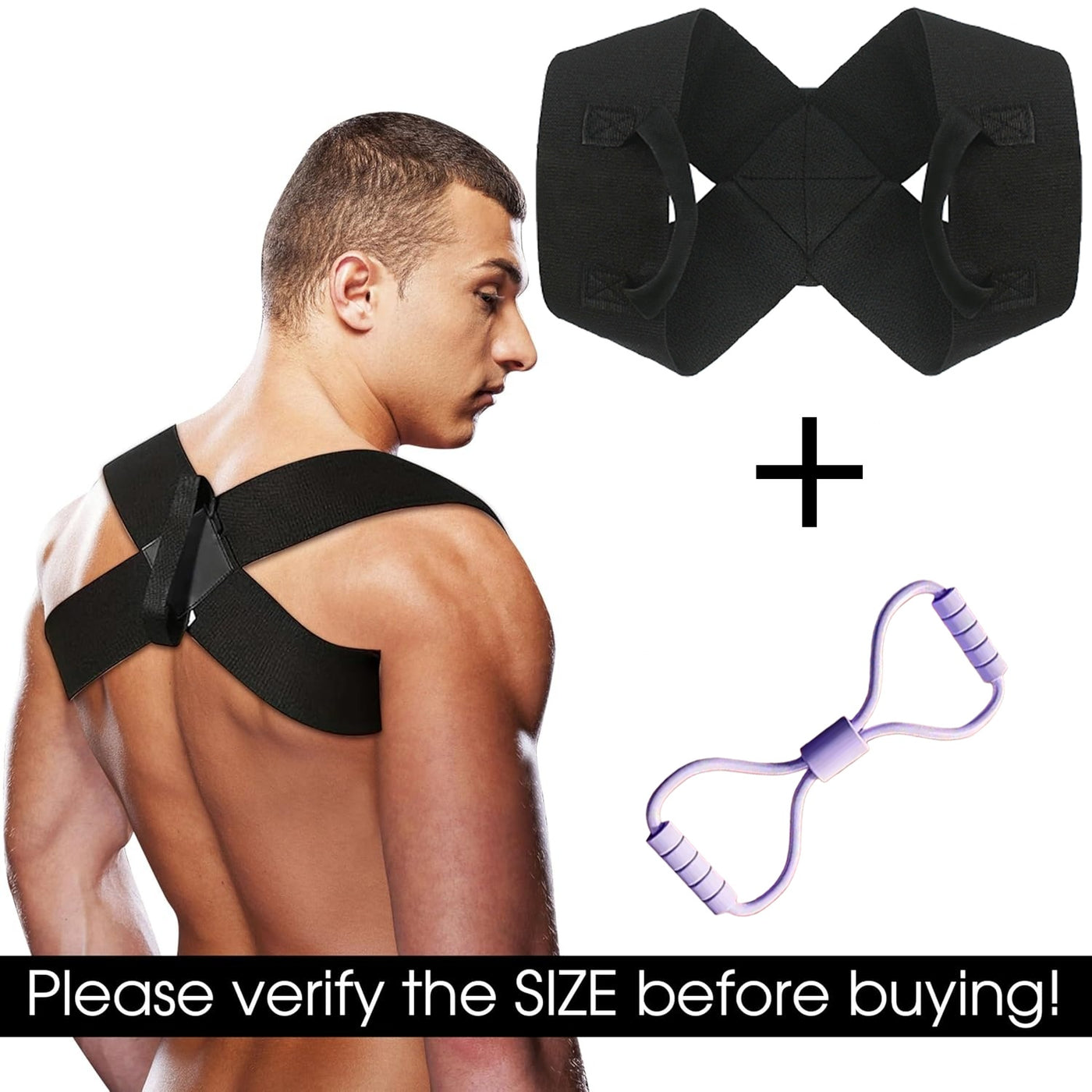 Black crossed elastic shoulder harness worn over the back, bundled with a separate purple figure-8 resistance loop