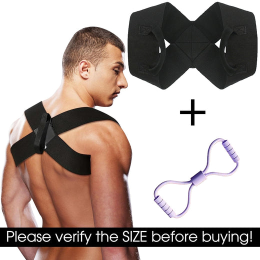 Black crossed elastic shoulder harness worn over the back, bundled with a separate purple figure-8 resistance loop