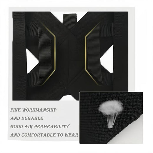 Black posture corrector brace flat lay showing breathable fabric texture