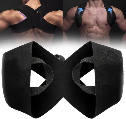 Man wearing the posture corrector brace from the back and front, shoulders pulled upright
