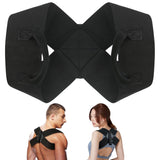 Posture corrector brace shown from front and back, worn by a man and a woman