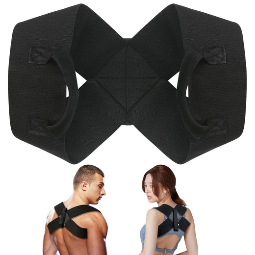 Posture corrector brace shown from front and back, worn by a man and a woman