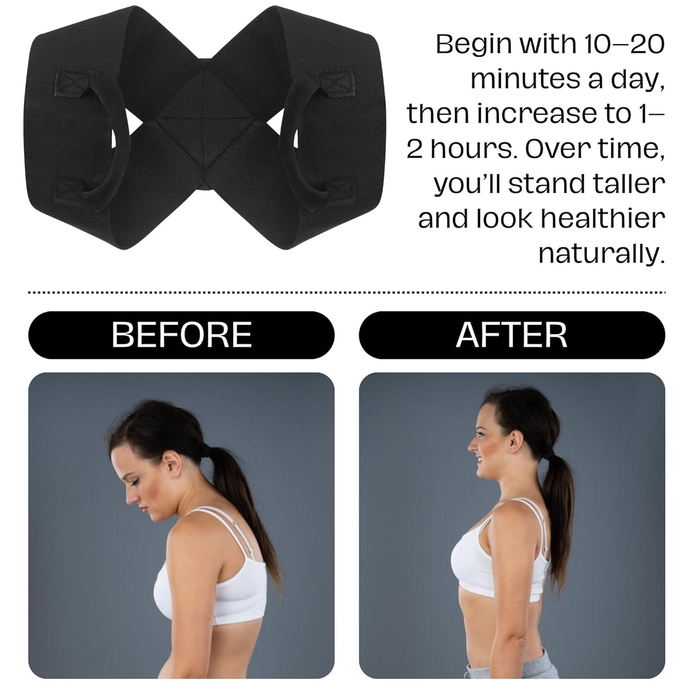 Before and after comparison of a woman's posture wearing the corrector brace