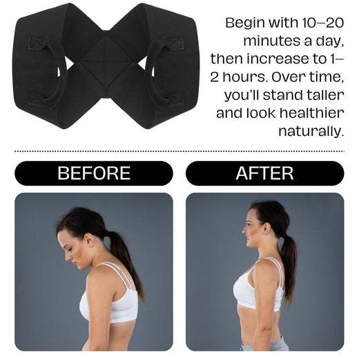 Before and after comparison of a woman's posture wearing the corrector brace