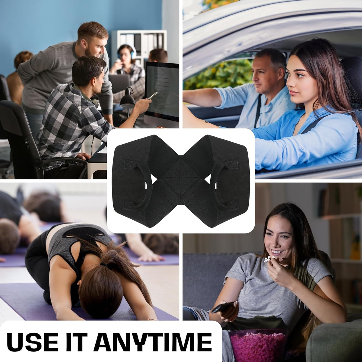 Posture corrector brace shown in daily use at the office, in the car, during stretching, and at home