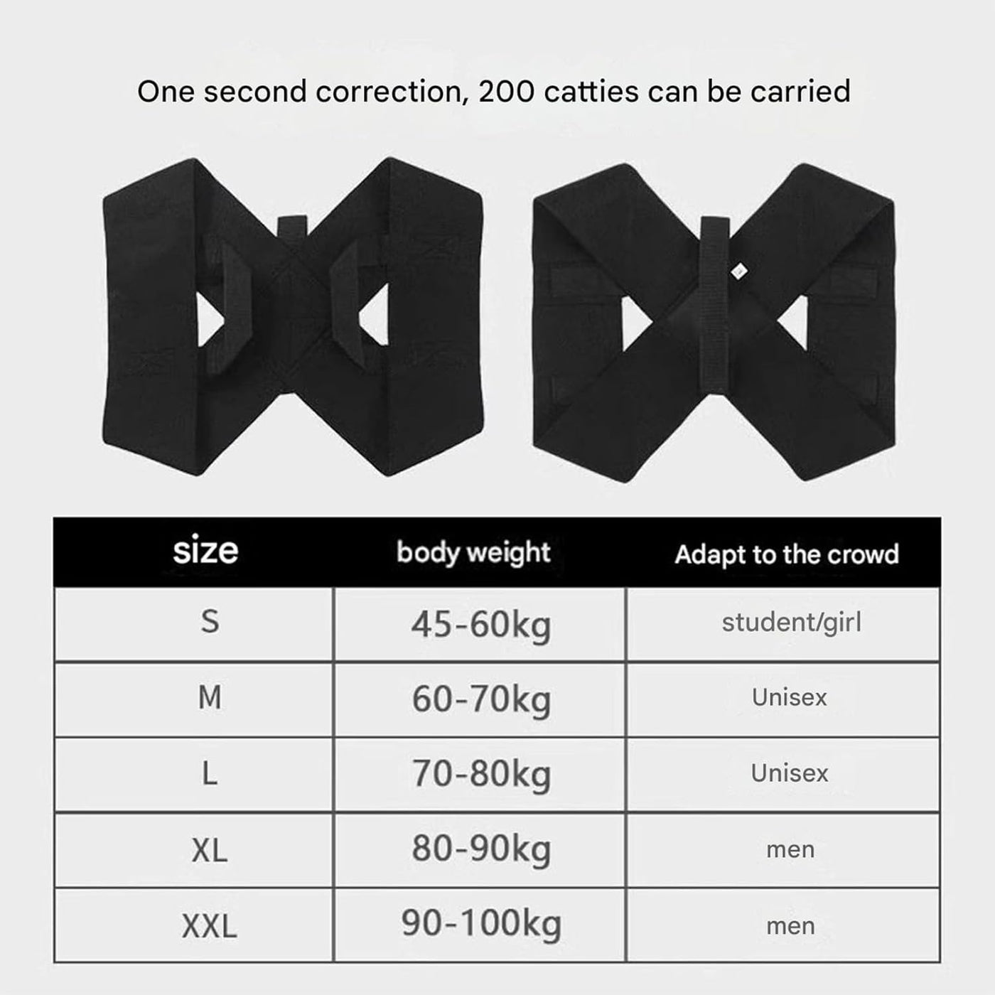 Posture corrector brace size chart showing sizes S through XXL by body weight