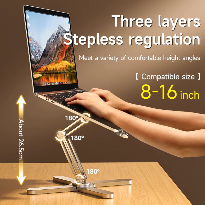 Portable laptop stand with laptop on a desk
