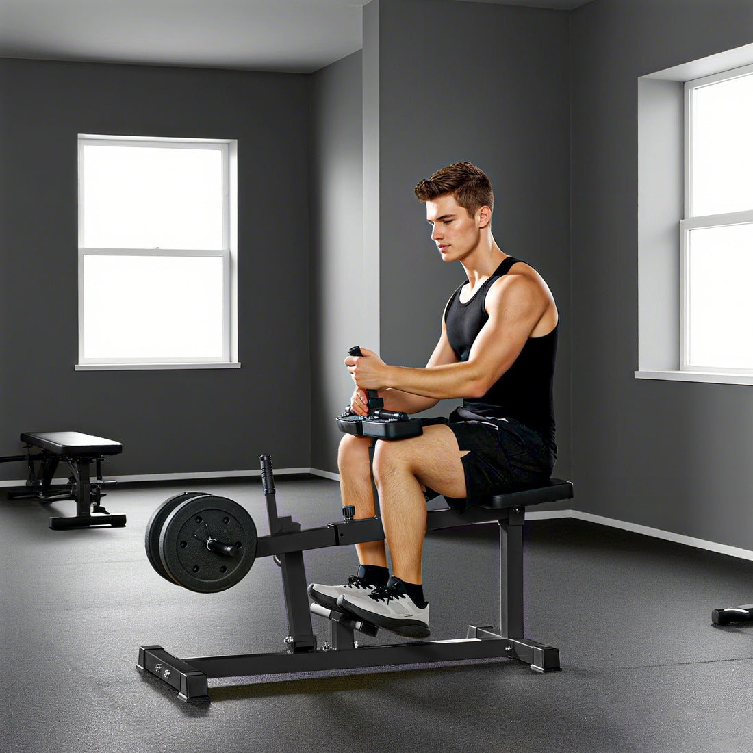 Seated calf raise machine in black steel for home gym