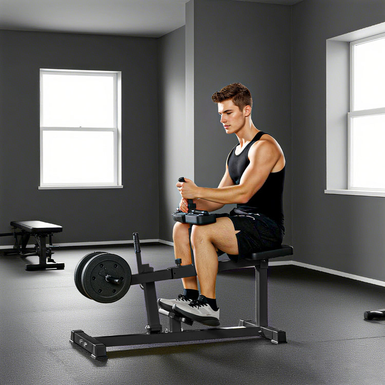 Seated calf raise machine in black steel for home gym