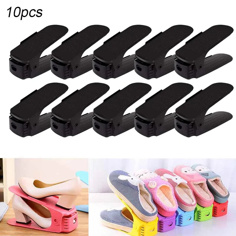 Adjustable shoe organizer rack with multiple tiers of angled shelves for staggering shoe pairs to save closet floor space