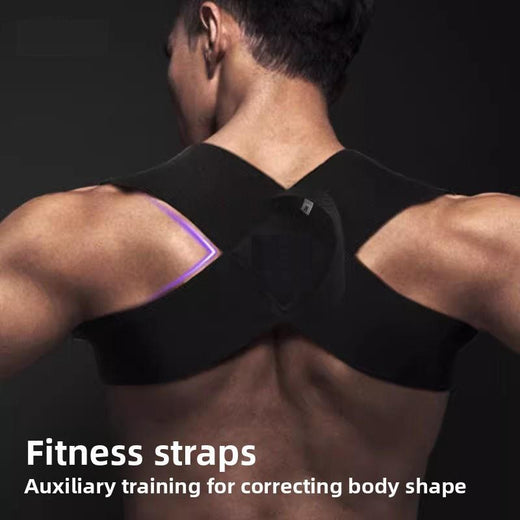 Black figure-8 elastic posture straps crossed over a man's bare upper back with a center adjustment buckle
