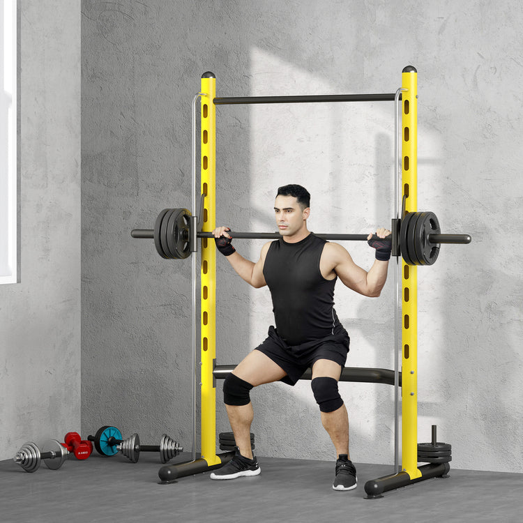 Adjustable squat rack with pull-up bar and bench press support
