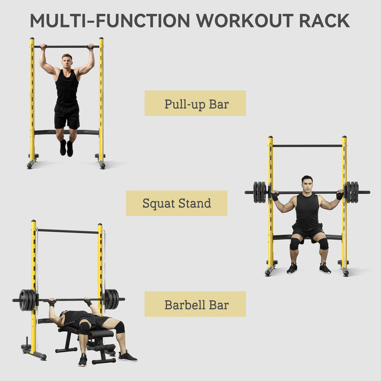 Yellow squat rack in home gym setup