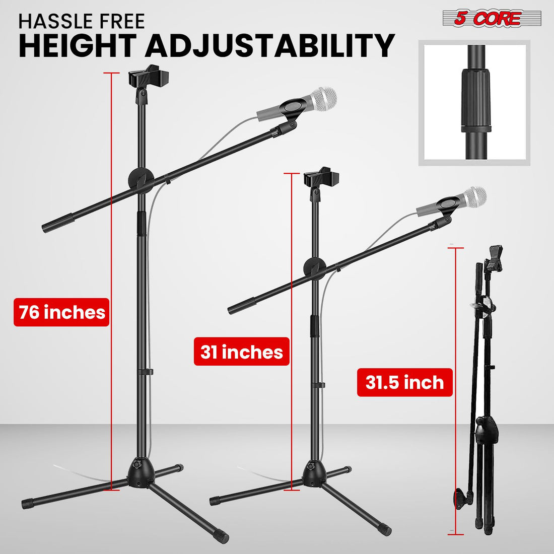 Adjustable tripod mic stand with boom arm, full view
