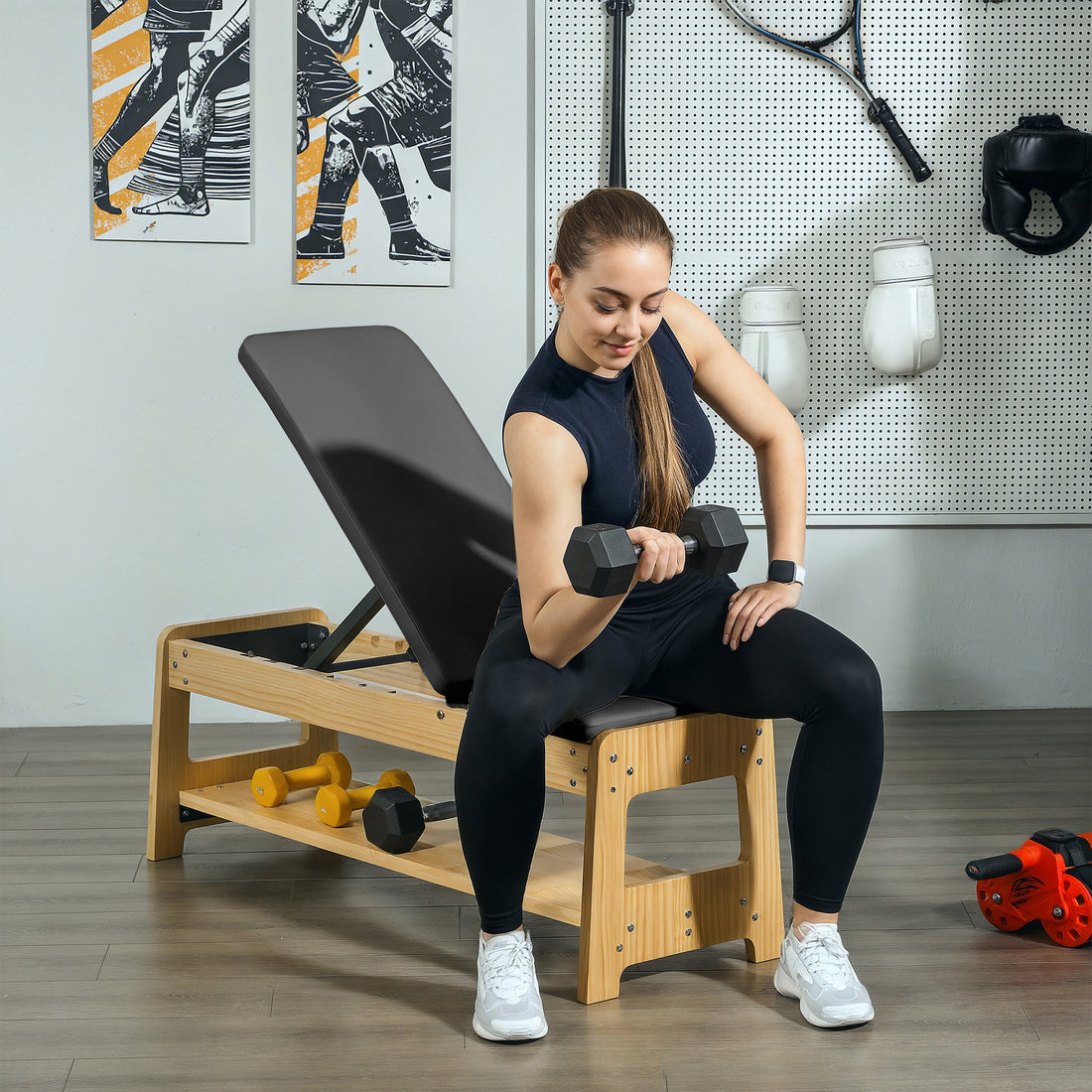 Weight bench with dumbbell rack side view