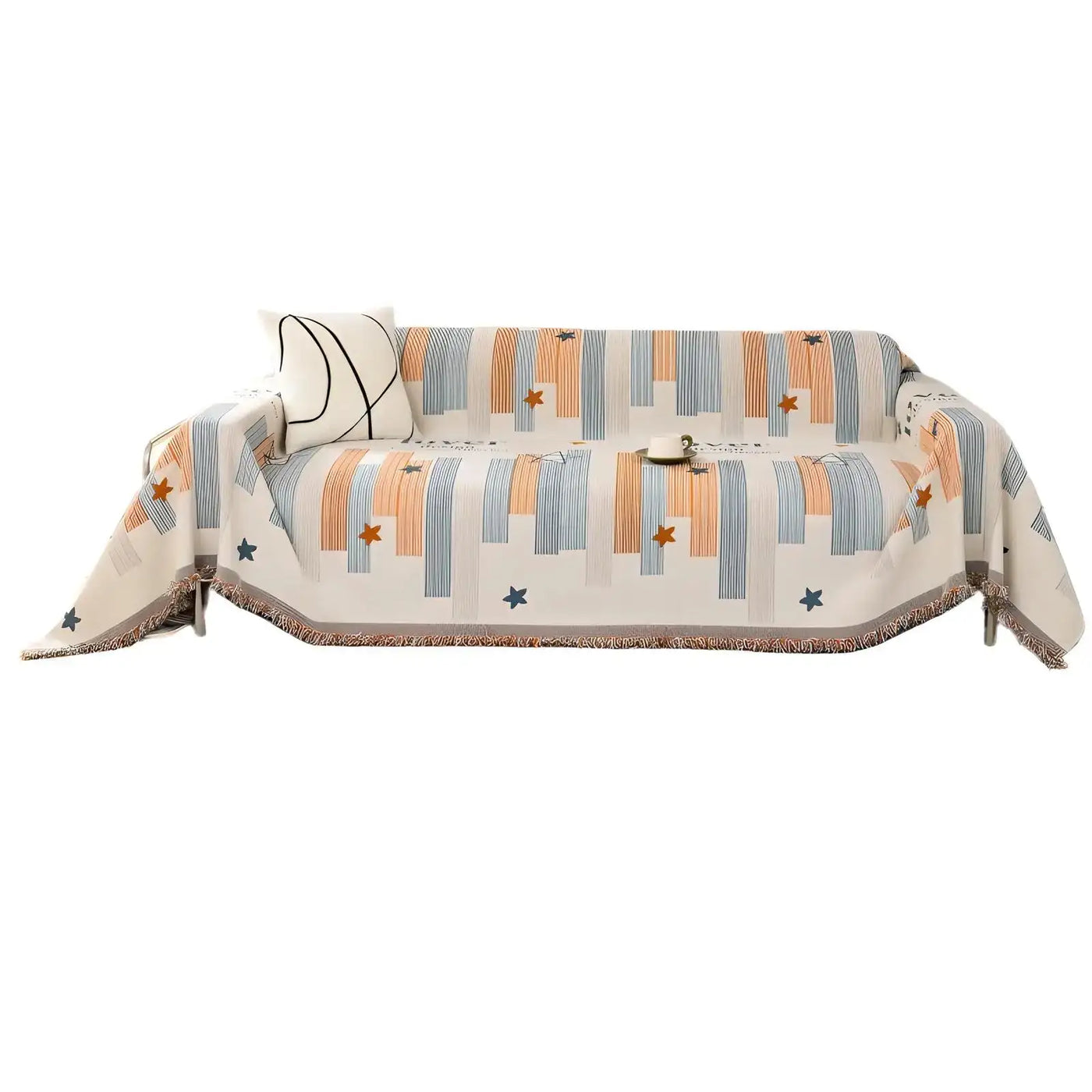 Sofa cover edge tucked into seat cushions for a snug fit