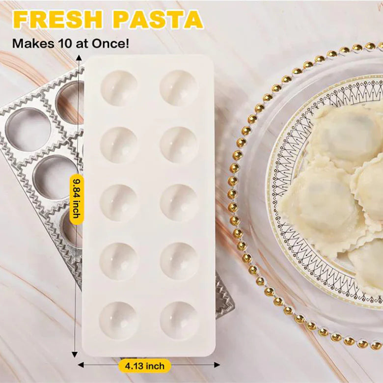 Close-up of metal ravioli mold crimped edge detail