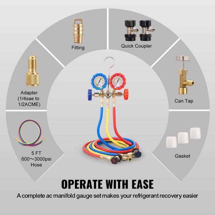 Automotive 3-Way AC Manifold Gauge package contents