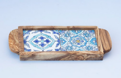 Olive Wood Ceramic Tile Serving Tray