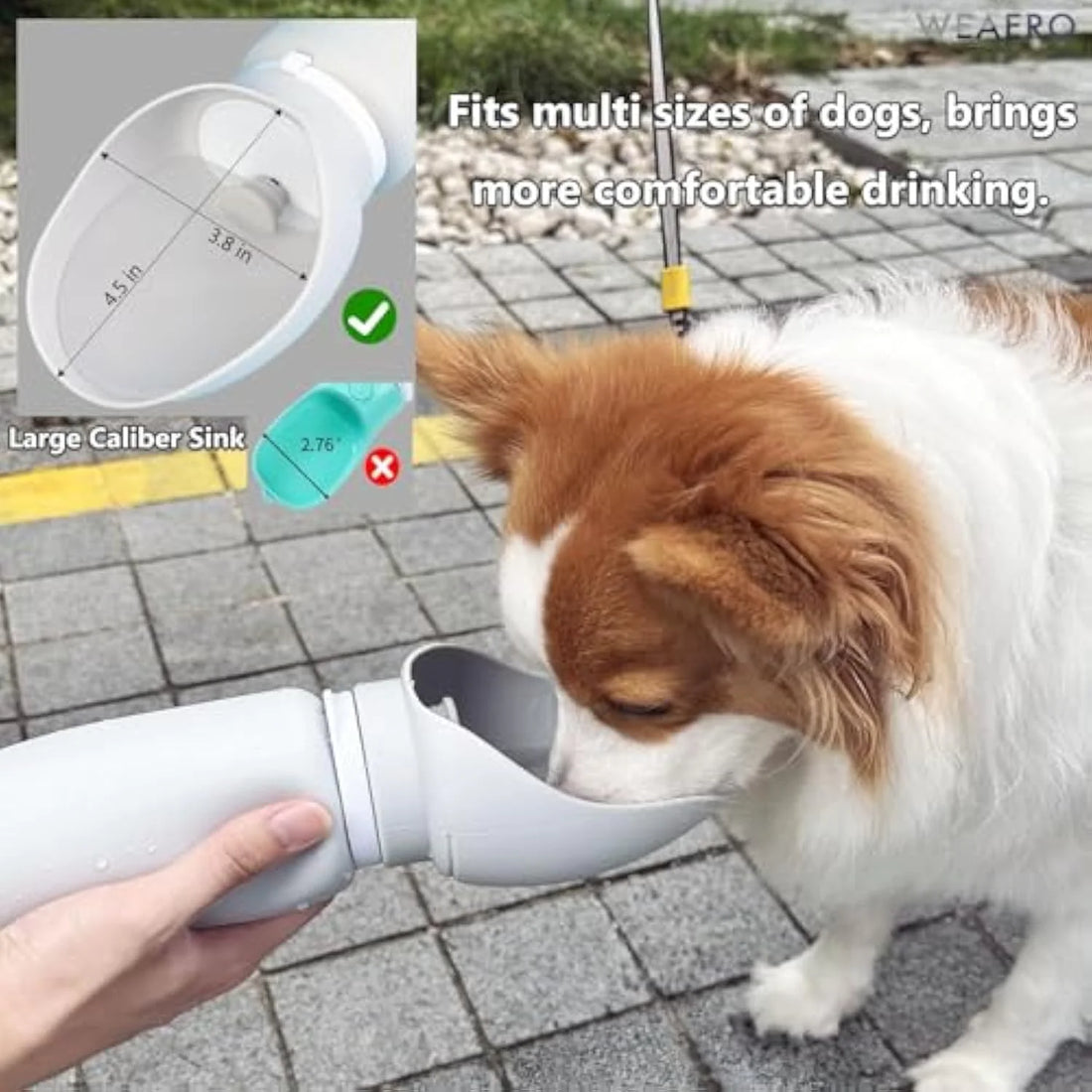 Portable dog water bottle with a fold-out trough tip that forms a wide drinking bowl at the mouth