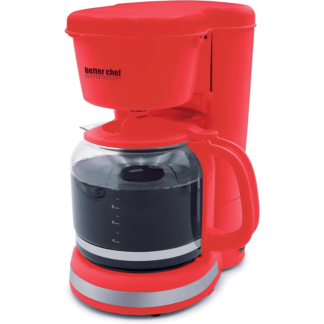 Red plastic drip coffee maker with a glass carafe, chrome accent band, and a black base with warming plate