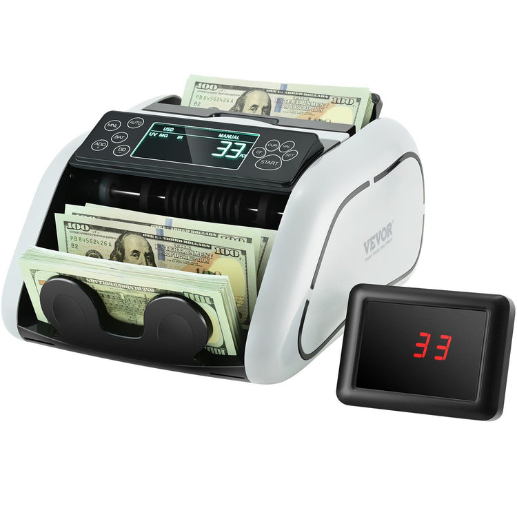 bill counter with counterfeit detection front view with hopper loaded