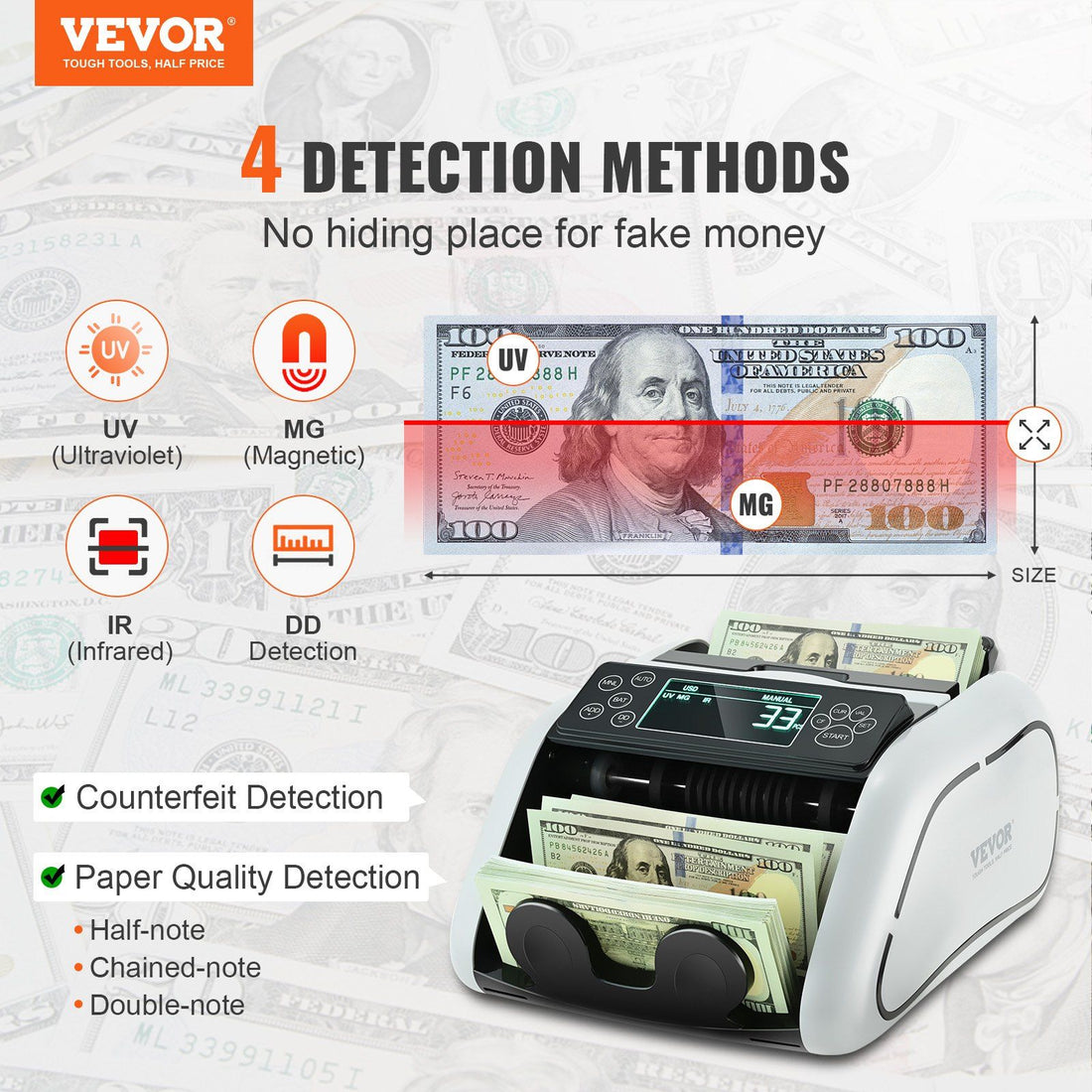 bill counter with counterfeit detection rear-mounted display detail