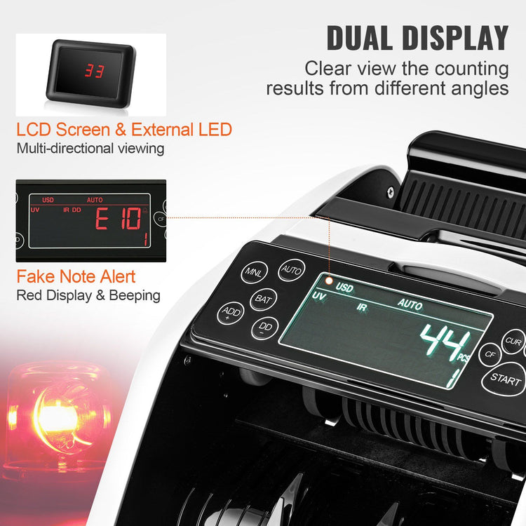 bill counter with counterfeit detection control buttons and display