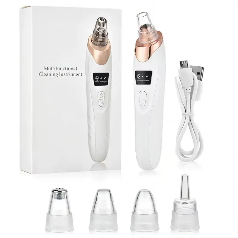 White and rose-gold pore vacuum device with digital display, USB cable, and four suction head attachments