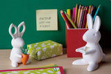 Bunny scissors holder shown next to the carrot paperclip holder with clips