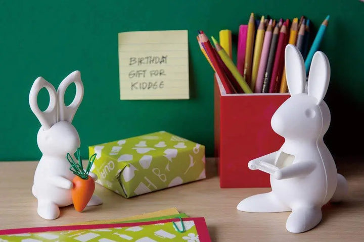 Bunny scissors holder shown next to the carrot paperclip holder with clips