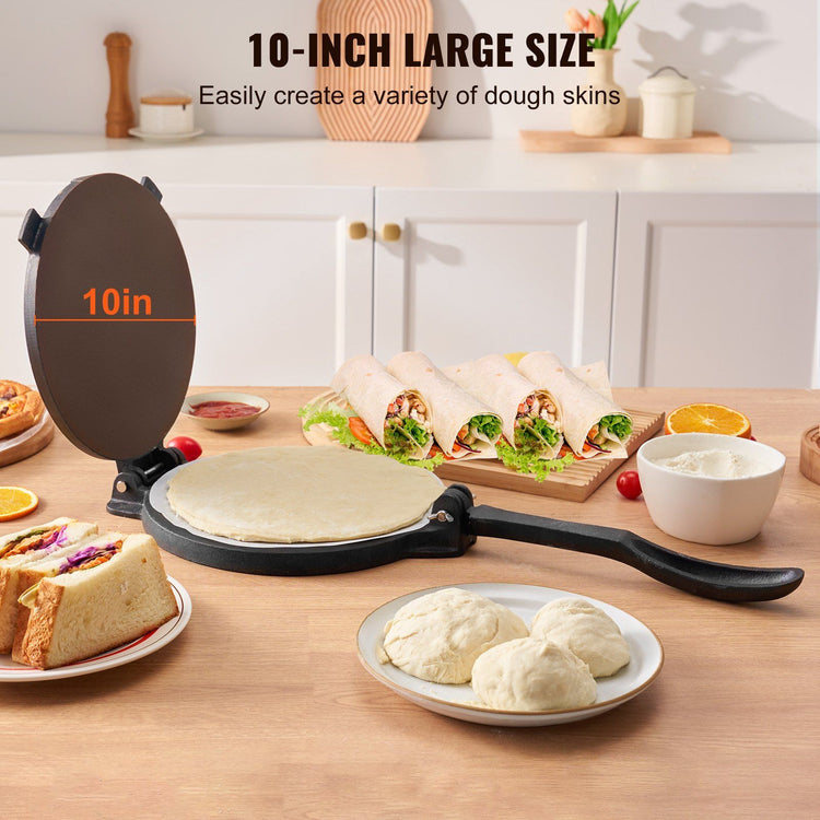 Cast Iron Tortilla Press 10-Inch angled detail view, cast iron tortilla press