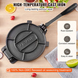 Cast Iron Tortilla Press 10-Inch close-up view of build, cast iron tortilla press