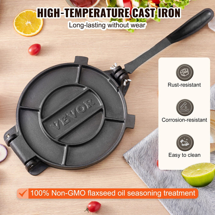 Cast Iron Tortilla Press 10-Inch close-up view of build, cast iron tortilla press