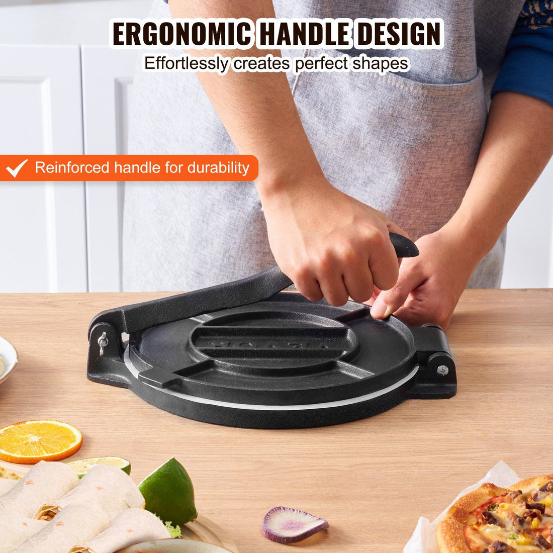 Cast Iron Tortilla Press 10-Inch in-use view, cast iron tortilla press